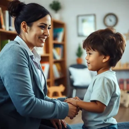 Terapeuta sorrindo e segurando as mãos de um menino