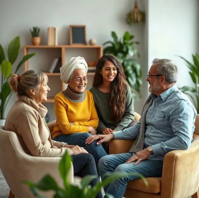 Família de três gerações conversando em poltronas numa sala com plantas