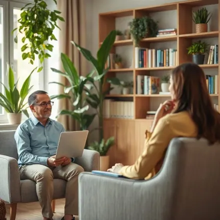 Terapeuta com o notebook conversando com uma paciente diante da estante